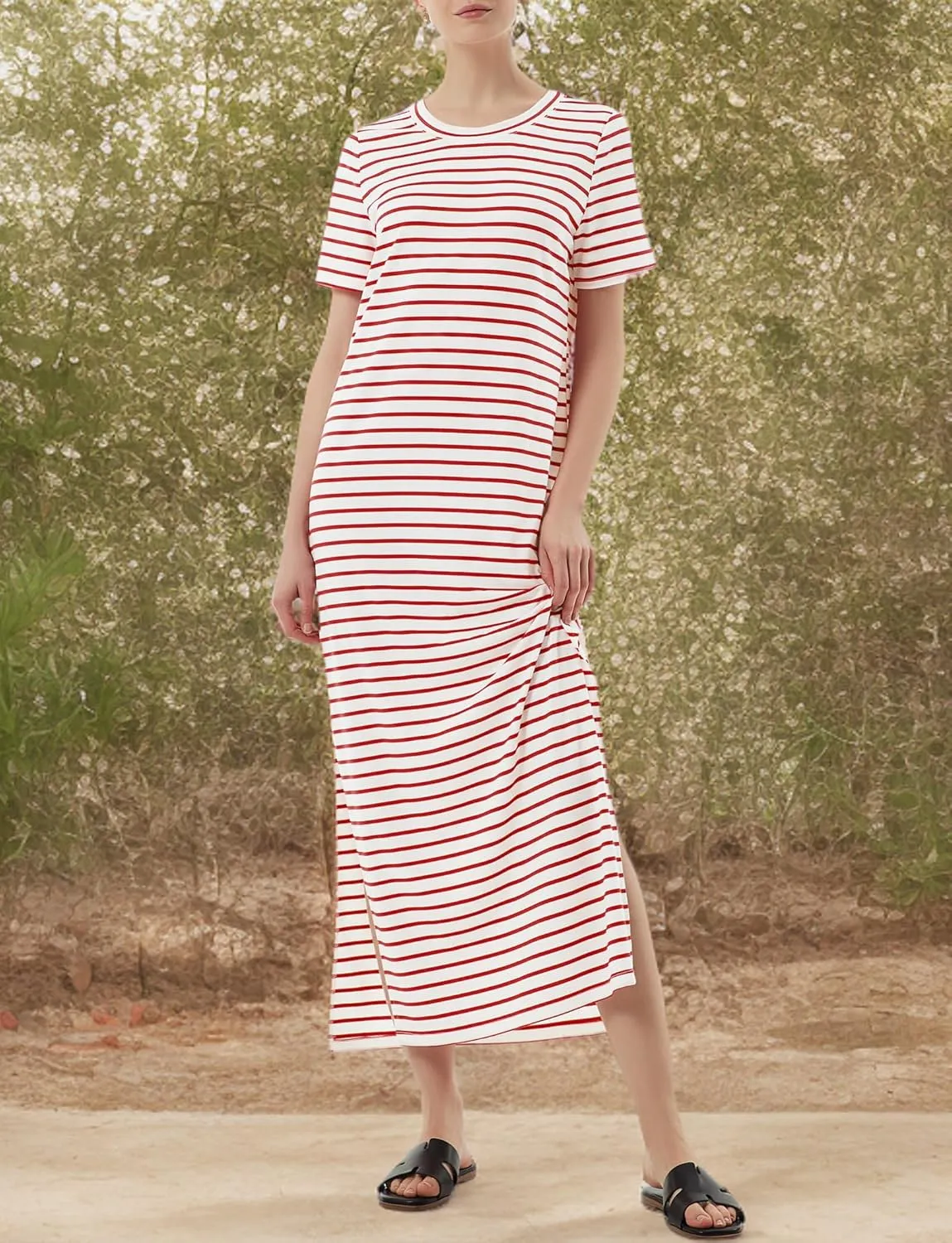 Women's Short Sleeve Double Split Maxi Dress 2025 Summer Casual Plain Striped Loose Long T Shirt Dresses
