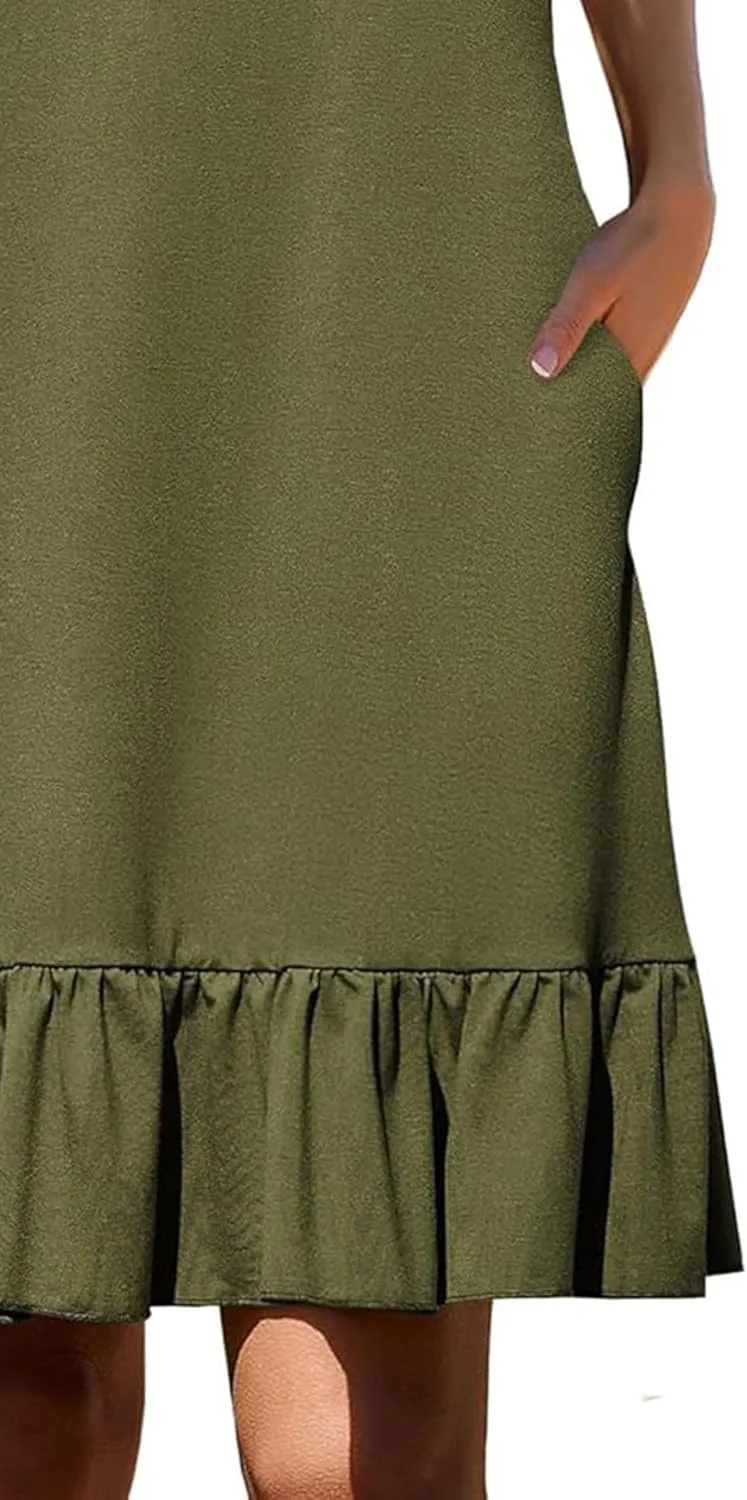 Women's Sleeveless Ruffle Hem Round Neck Mini Dress Casual Boho Flowy Shift Dresses with Pockets Beach Vacation Sundress
