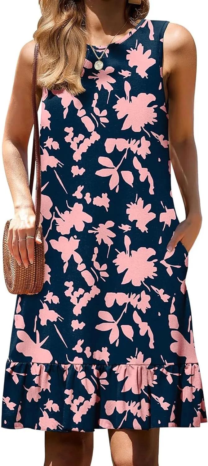 Women's Sleeveless Ruffle Hem Round Neck Mini Dress Casual Boho Flowy Shift Dresses with Pockets Beach Vacation Sundress