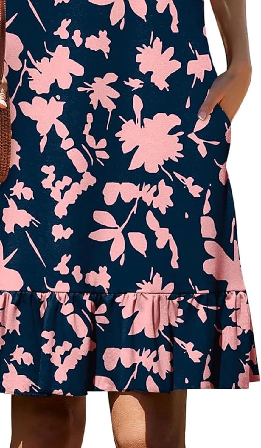 Women's Sleeveless Ruffle Hem Round Neck Mini Dress Casual Boho Flowy Shift Dresses with Pockets Beach Vacation Sundress