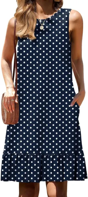 Women's Sleeveless Ruffle Hem Round Neck Mini Dress Casual Boho Flowy Shift Dresses with Pockets Beach Vacation Sundress