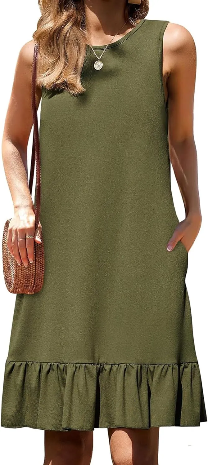 Women's Sleeveless Ruffle Hem Round Neck Mini Dress Casual Boho Flowy Shift Dresses with Pockets Beach Vacation Sundress