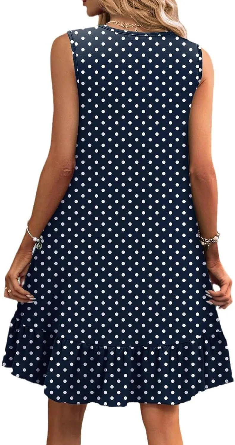 Women's Sleeveless Ruffle Hem Round Neck Mini Dress Casual Boho Flowy Shift Dresses with Pockets Beach Vacation Sundress