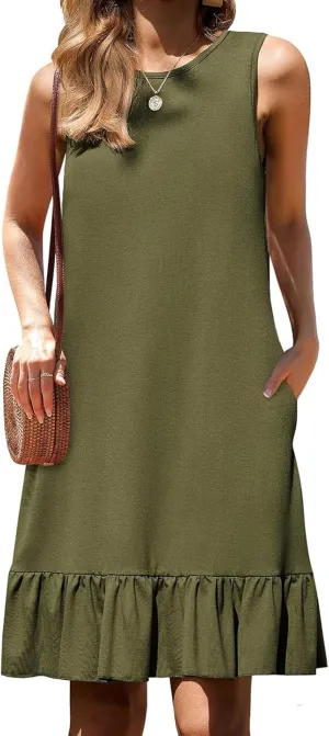 Women's Sleeveless Ruffle Hem Round Neck Mini Dress Casual Boho Flowy Shift Dresses with Pockets Beach Vacation Sundress