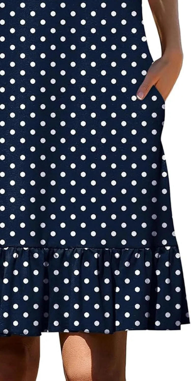 Women's Sleeveless Ruffle Hem Round Neck Mini Dress Casual Boho Flowy Shift Dresses with Pockets Beach Vacation Sundress