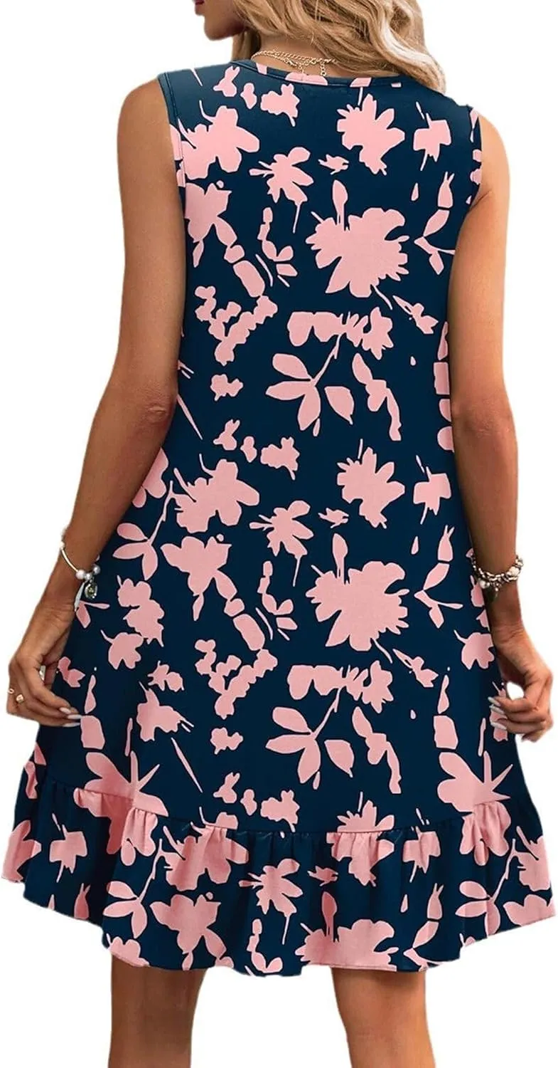 Women's Sleeveless Ruffle Hem Round Neck Mini Dress Casual Boho Flowy Shift Dresses with Pockets Beach Vacation Sundress
