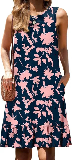 Women's Sleeveless Ruffle Hem Round Neck Mini Dress Casual Boho Flowy Shift Dresses with Pockets Beach Vacation Sundress