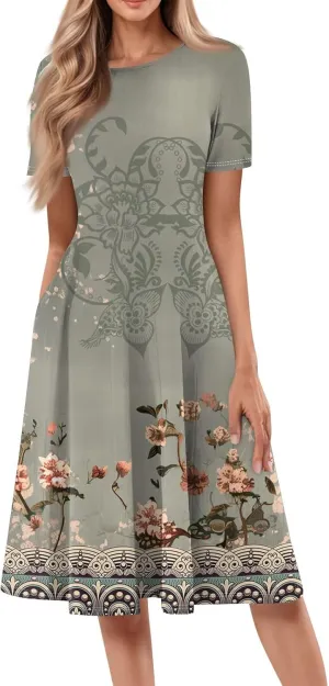 Womens Spring Dress Casual Short Sleeve Midi Dresses Round Neck Floral Print Pleated A Line Boho Flowy Beach Sundress