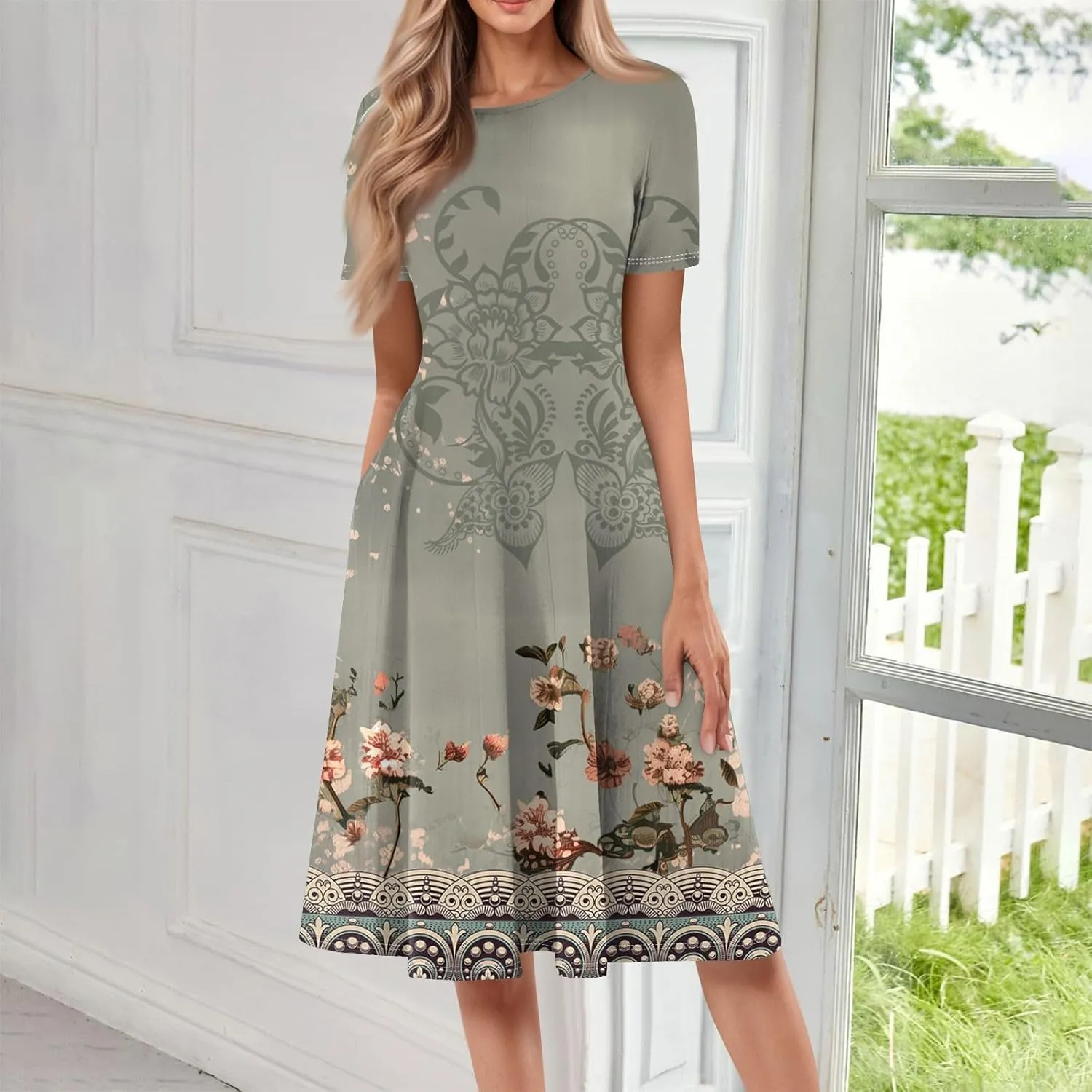 Womens Spring Dress Casual Short Sleeve Midi Dresses Round Neck Floral Print Pleated A Line Boho Flowy Beach Sundress