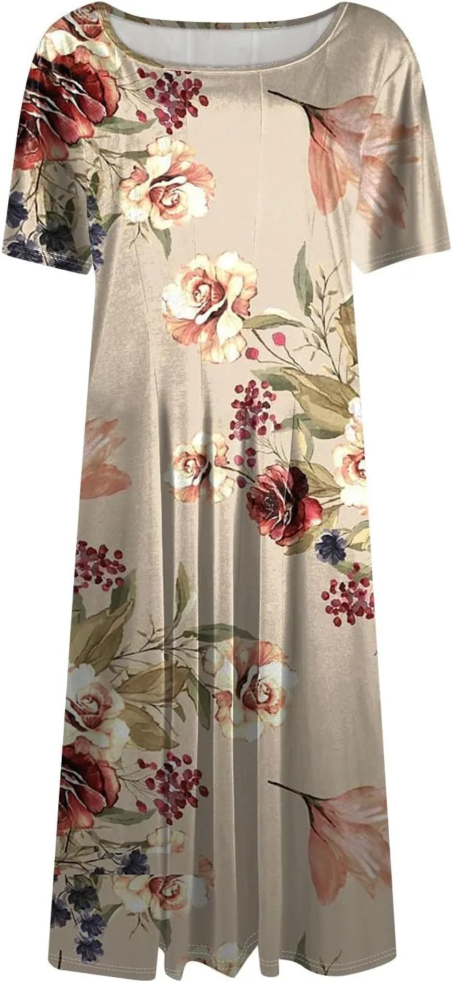 Womens Spring Dress Casual Short Sleeve Midi Dresses Round Neck Floral Print Pleated A Line Boho Flowy Beach Sundress