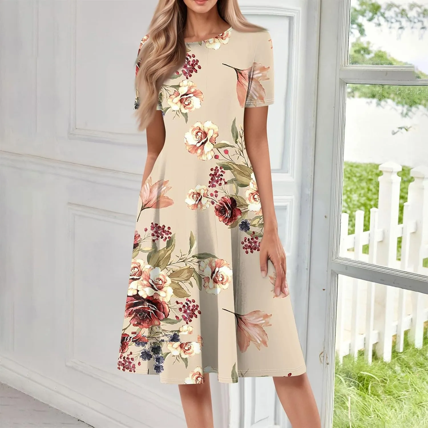 Womens Spring Dress Casual Short Sleeve Midi Dresses Round Neck Floral Print Pleated A Line Boho Flowy Beach Sundress