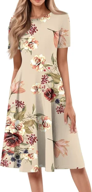 Womens Spring Dress Casual Short Sleeve Midi Dresses Round Neck Floral Print Pleated A Line Boho Flowy Beach Sundress