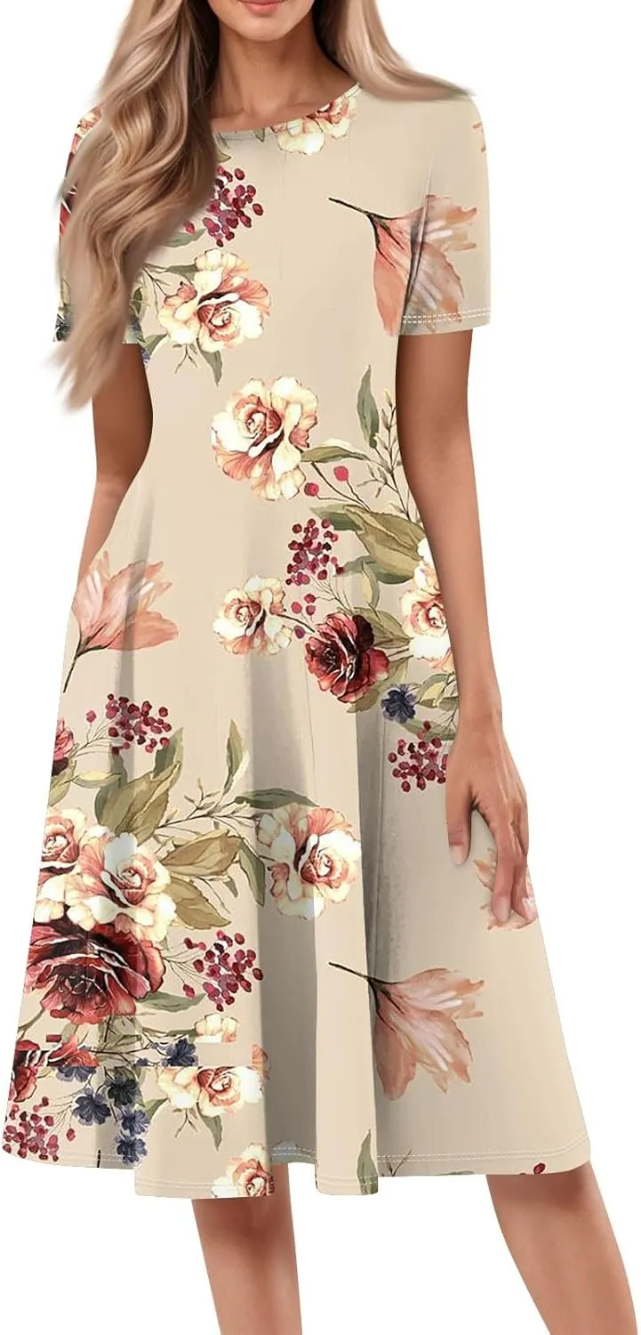 Womens Spring Dress Casual Short Sleeve Midi Dresses Round Neck Floral Print Pleated A Line Boho Flowy Beach Sundress
