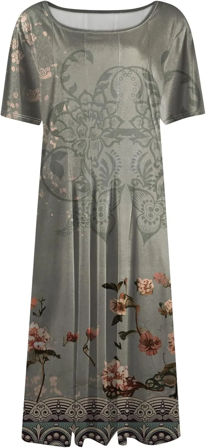 Womens Spring Dress Casual Short Sleeve Midi Dresses Round Neck Floral Print Pleated A Line Boho Flowy Beach Sundress