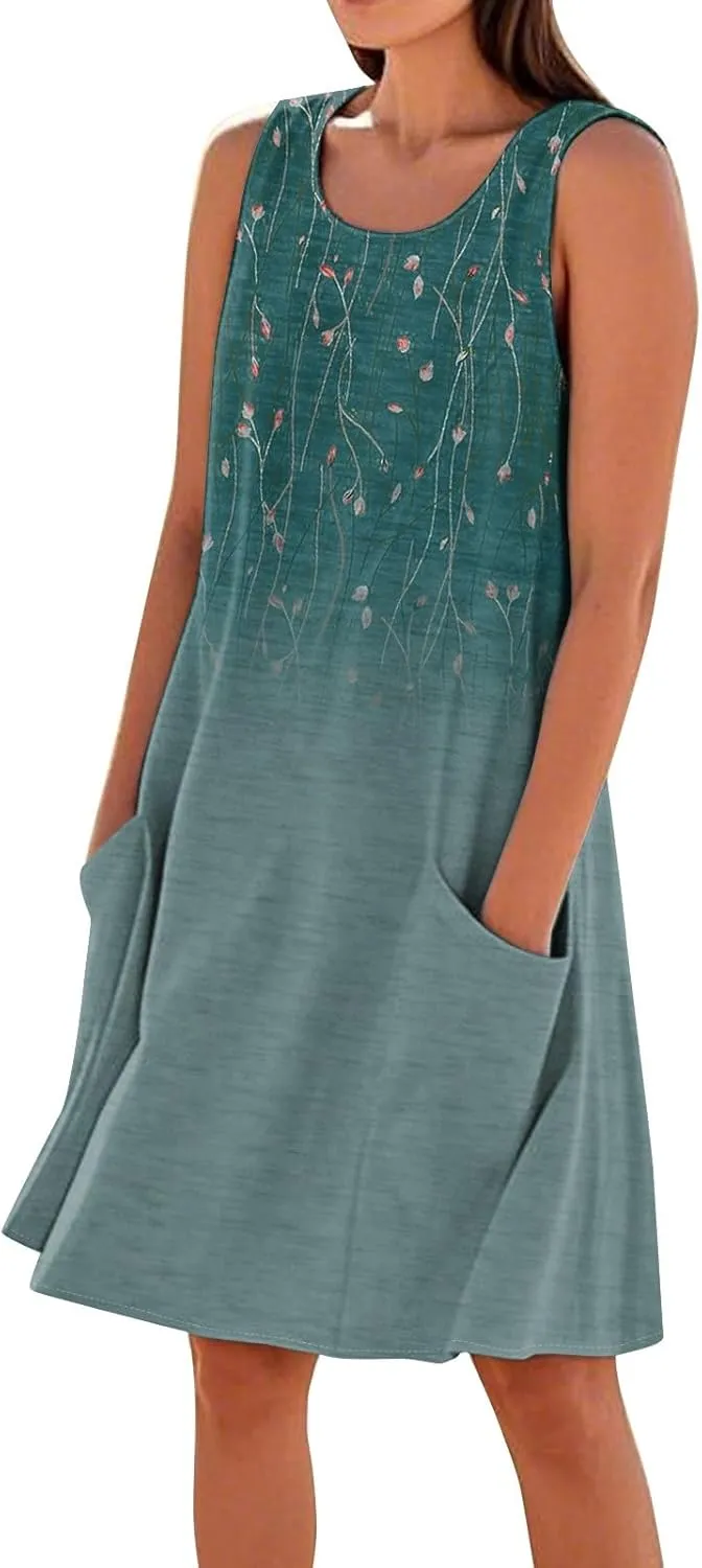Women's Spring Dresses Round Neck Sleeveless Summer Sundresses Knee Length Tank with Pockets Vacation Dresses