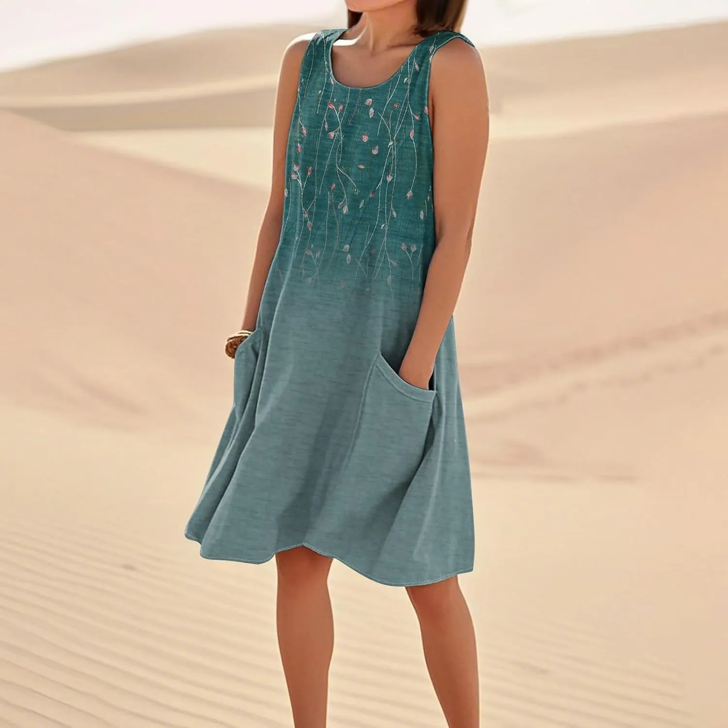 Women's Spring Dresses Round Neck Sleeveless Summer Sundresses Knee Length Tank with Pockets Vacation Dresses