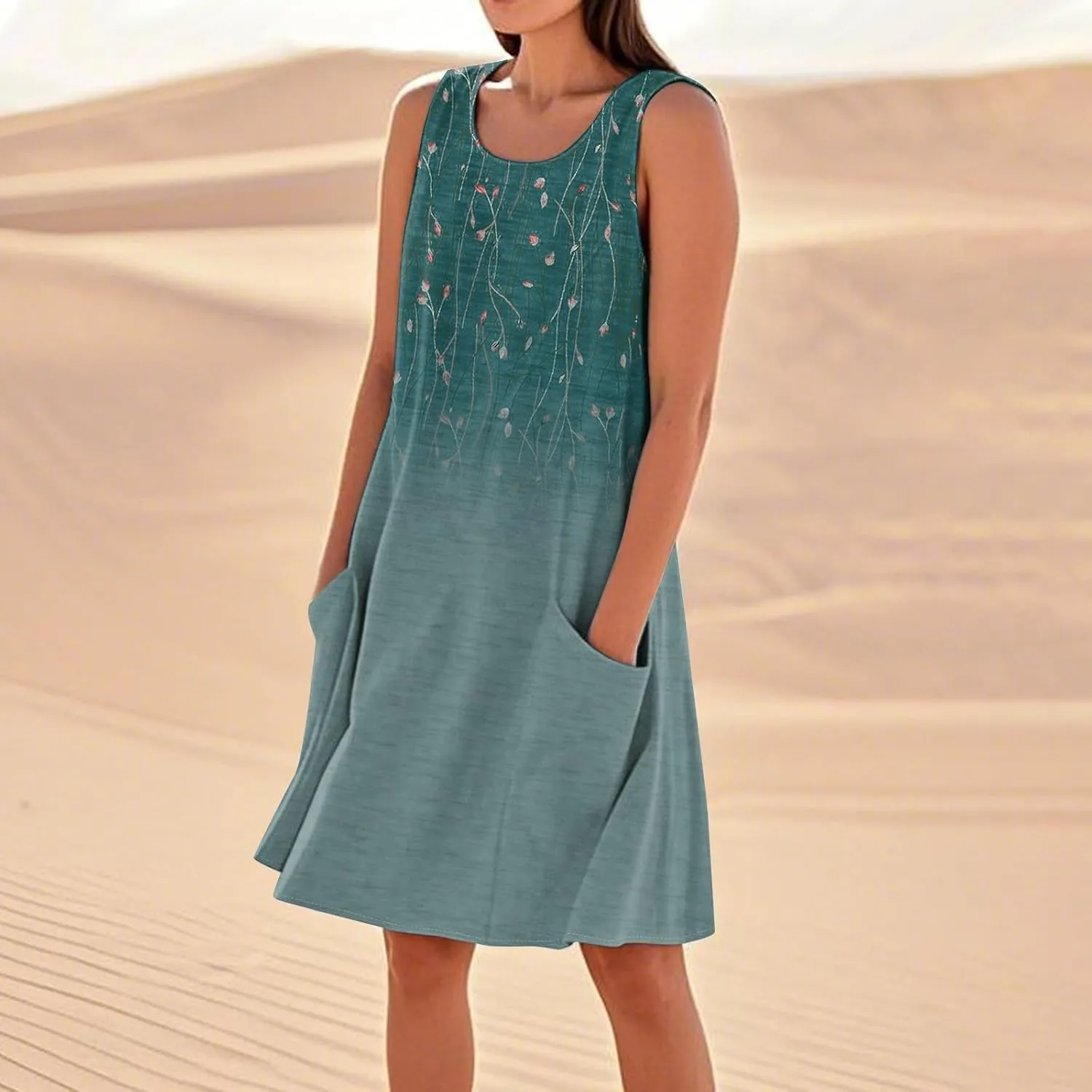 Women's Spring Dresses Round Neck Sleeveless Summer Sundresses Knee Length Tank with Pockets Vacation Dresses