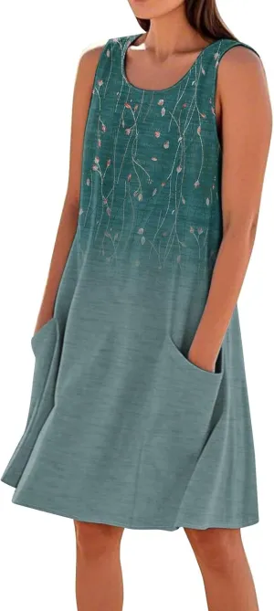 Women's Spring Dresses Round Neck Sleeveless Summer Sundresses Knee Length Tank with Pockets Vacation Dresses