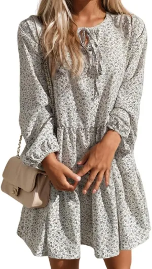 Womens Spring Fashion 2025 Floral Lantern Long Sleeve Tiered Dresses Loose Swing Flowy Ruffle A Line Summer Mini Dress