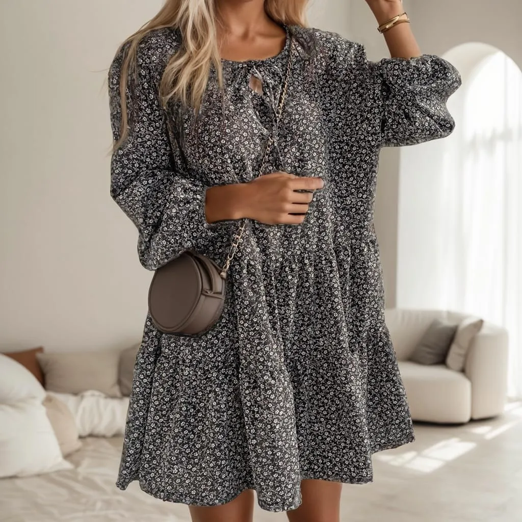 Womens Spring Fashion 2025 Floral Lantern Long Sleeve Tiered Dresses Loose Swing Flowy Ruffle A Line Summer Mini Dress