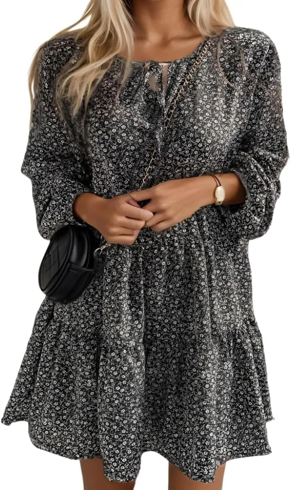 Womens Spring Fashion 2025 Floral Lantern Long Sleeve Tiered Dresses Loose Swing Flowy Ruffle A Line Summer Mini Dress