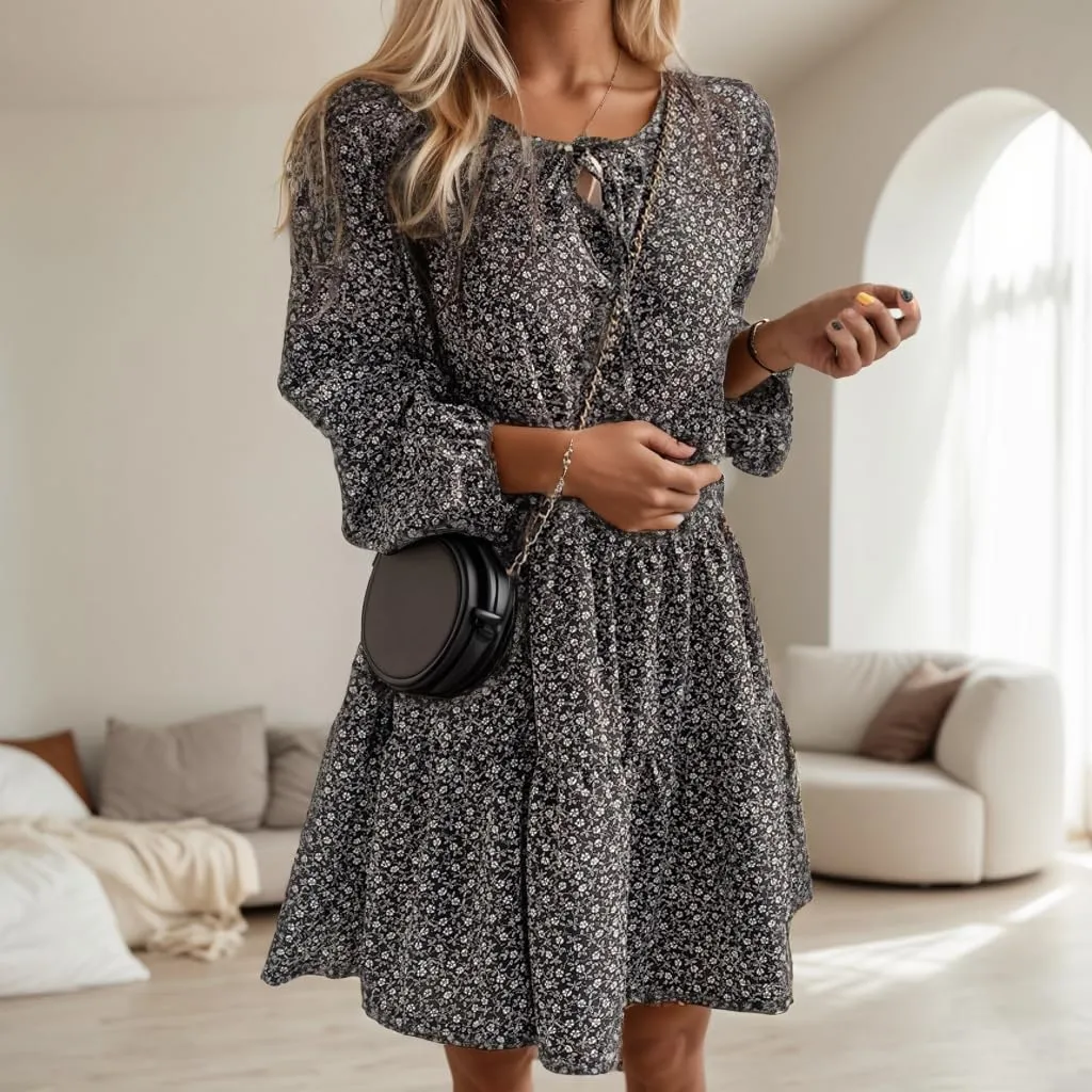 Womens Spring Fashion 2025 Floral Lantern Long Sleeve Tiered Dresses Loose Swing Flowy Ruffle A Line Summer Mini Dress