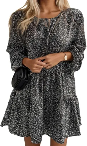 Womens Spring Fashion 2025 Floral Lantern Long Sleeve Tiered Dresses Loose Swing Flowy Ruffle A Line Summer Mini Dress