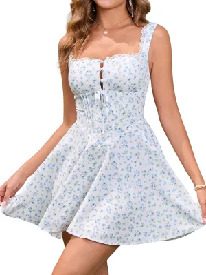 Women's Square Neck Lace Summer Casual Mini Dress Ruffle Flowy A Line Corset Buttons Cute Short Graduation Dresses