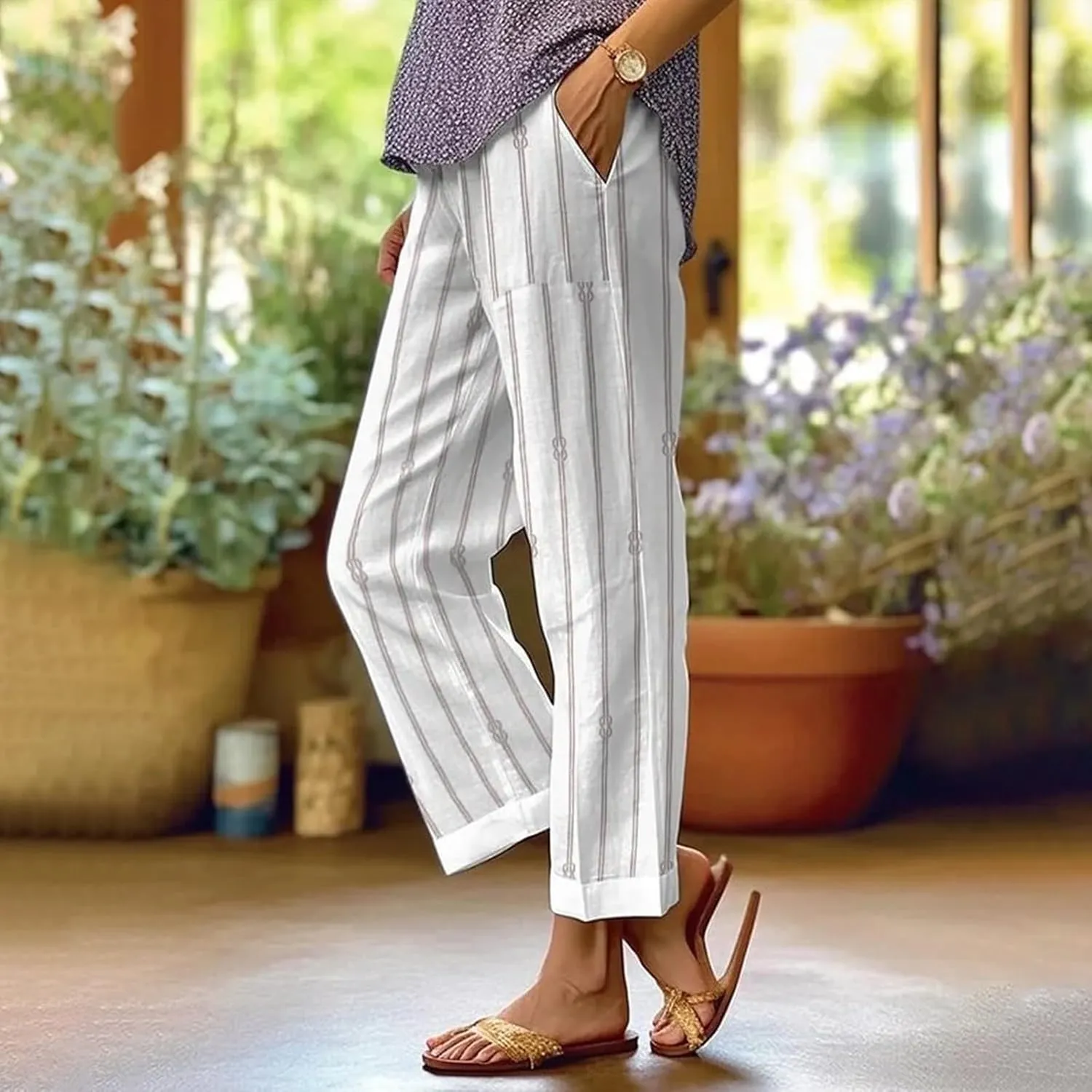 Womens Stylish Pants Striped Plaid Print Drawstring Elastic Waist Loose Cozy Linen Crop Trousers Outdoor Travel Pants