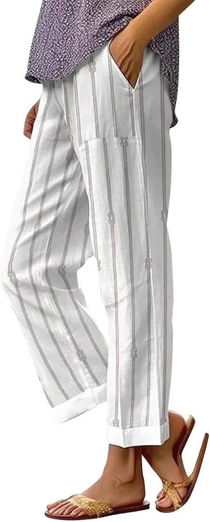 Womens Stylish Pants Striped Plaid Print Drawstring Elastic Waist Loose Cozy Linen Crop Trousers Outdoor Travel Pants