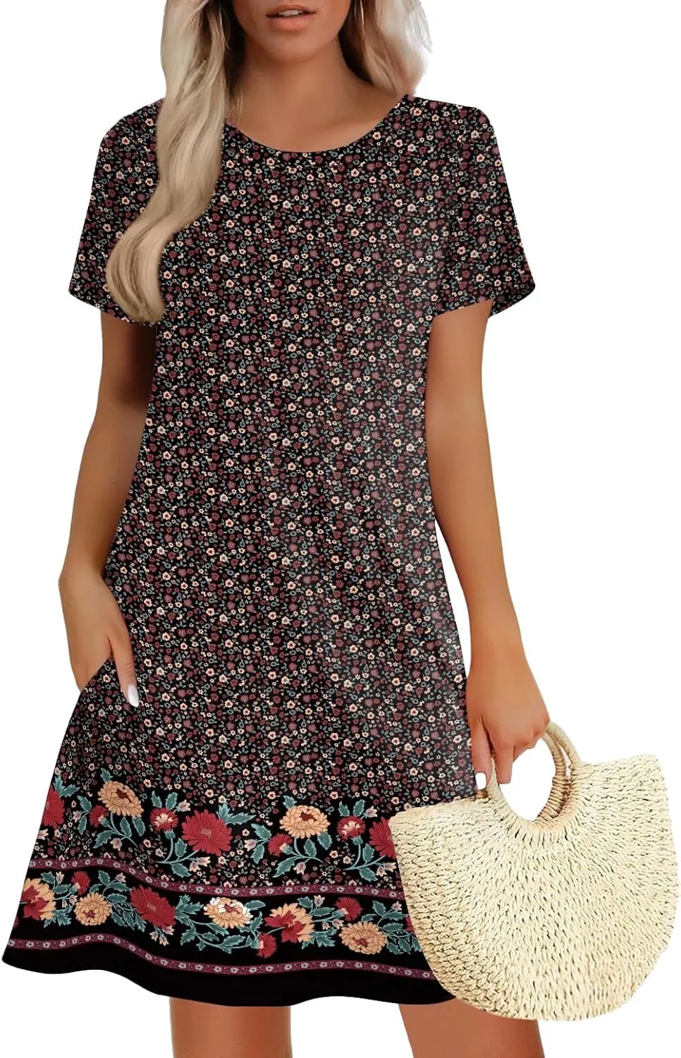 Women's Summer A-Line Dress Mini Short Sleeve T Shirt Dress Flowy Sundresses Beach Cover Ups 2025 Vacation