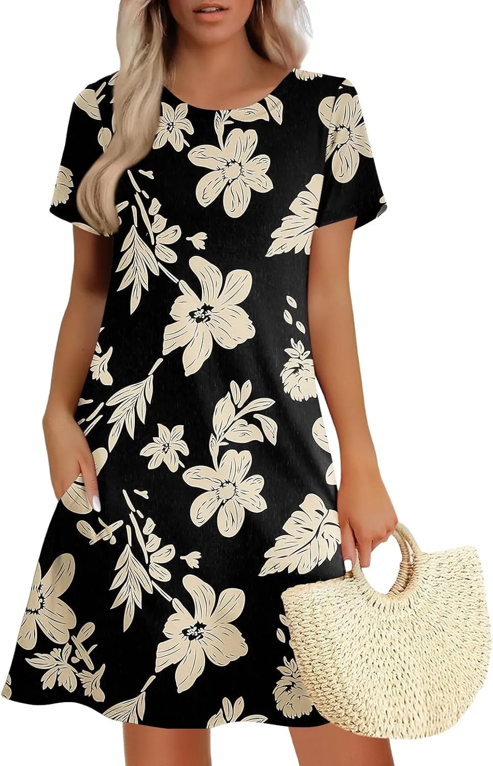 Women's Summer A-Line Dress Mini Short Sleeve T Shirt Dress Flowy Sundresses Beach Cover Ups 2025 Vacation