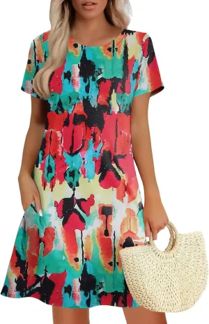 Women's Summer A-Line Dress Mini Short Sleeve T Shirt Dress Flowy Sundresses Beach Cover Ups 2025 Vacation