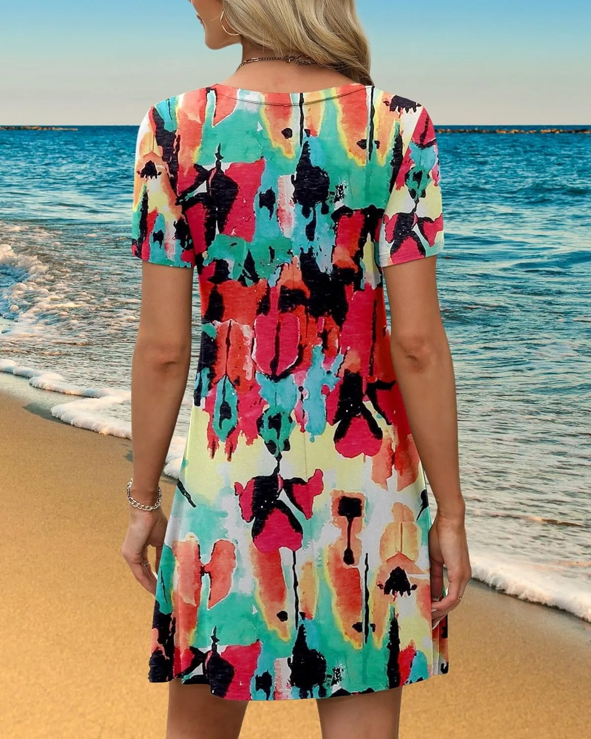 Women's Summer A-Line Dress Mini Short Sleeve T Shirt Dress Flowy Sundresses Beach Cover Ups 2025 Vacation