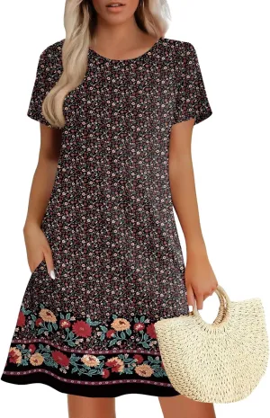 Women's Summer A-Line Dress Mini Short Sleeve T Shirt Dress Flowy Sundresses Beach Cover Ups 2025 Vacation