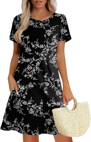 Women's Summer A-Line Dress Mini Short Sleeve T Shirt Dress Flowy Sundresses Beach Cover Ups 2025 Vacation