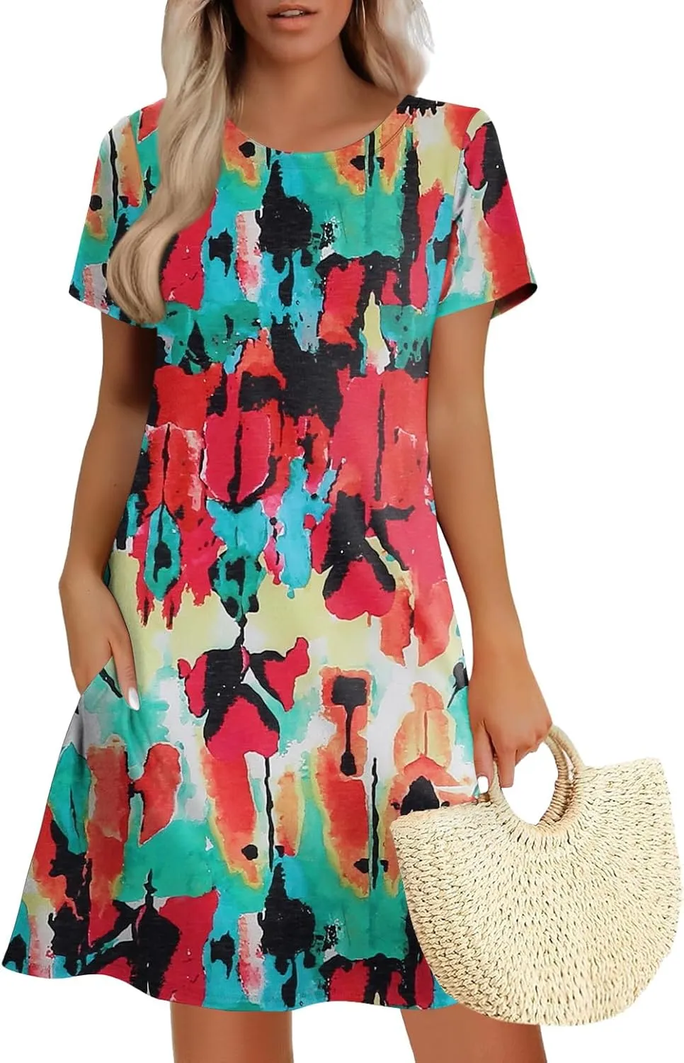 Women's Summer A-Line Dress Mini Short Sleeve T Shirt Dress Flowy Sundresses Beach Cover Ups 2025 Vacation