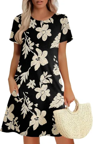Women's Summer A-Line Dress Mini Short Sleeve T Shirt Dress Flowy Sundresses Beach Cover Ups 2025 Vacation