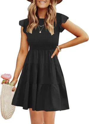 Women's Summer Casual Flutter Sleeve Tiered Dresses Crew Neck Smocked Elastic Waist Flowy Mini Dress