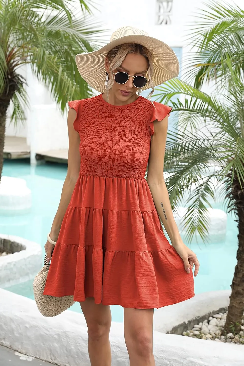 Women's Summer Casual Flutter Sleeve Tiered Dresses Crew Neck Smocked Elastic Waist Flowy Mini Dress