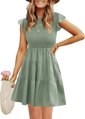 Women's Summer Casual Flutter Sleeve Tiered Dresses Crew Neck Smocked Elastic Waist Flowy Mini Dress