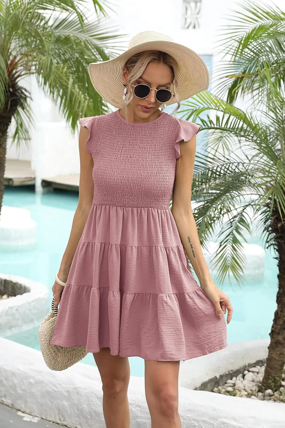 Women's Summer Casual Flutter Sleeve Tiered Dresses Crew Neck Smocked Elastic Waist Flowy Mini Dress