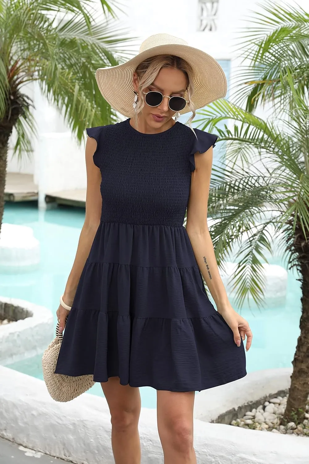 Women's Summer Casual Flutter Sleeve Tiered Dresses Crew Neck Smocked Elastic Waist Flowy Mini Dress
