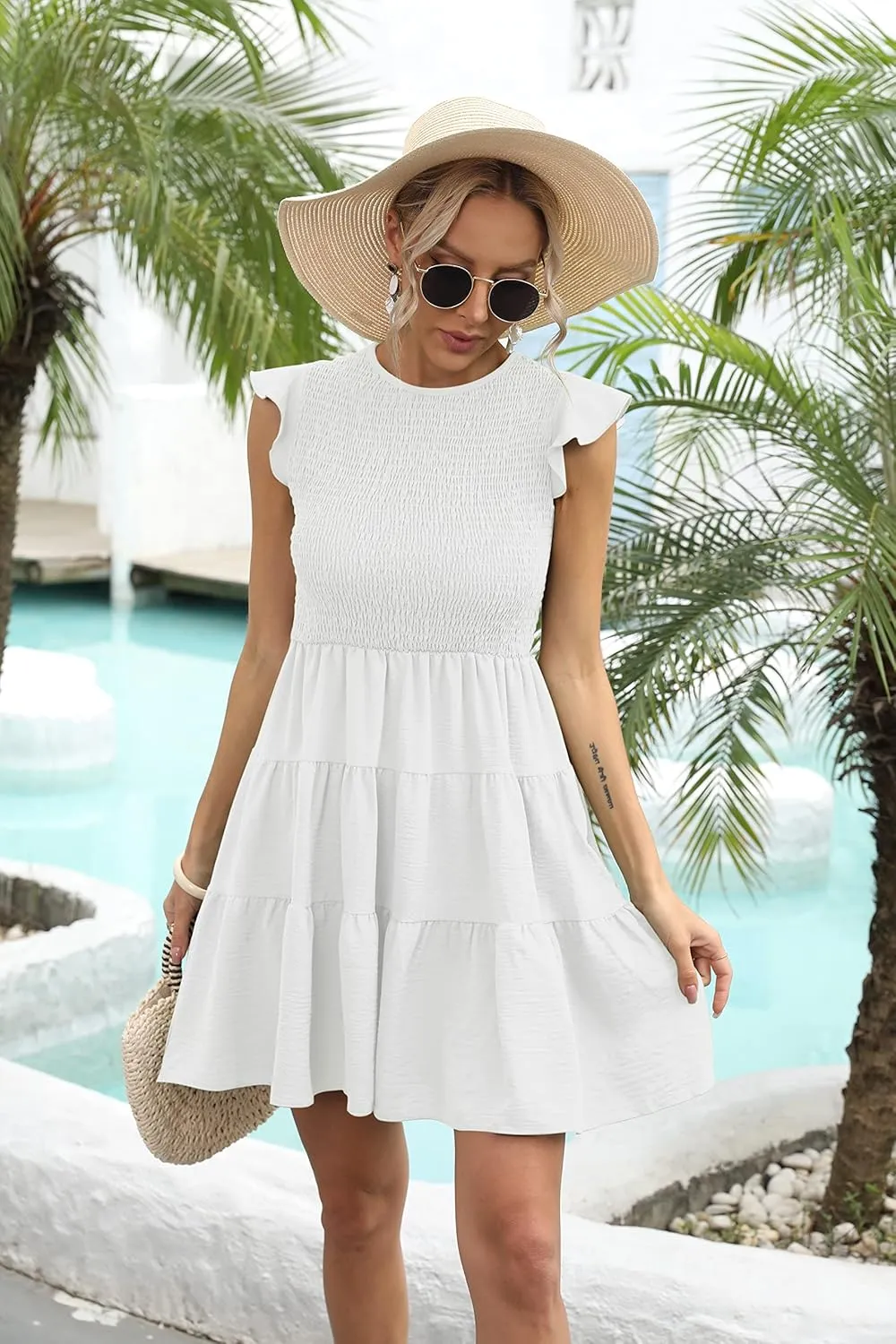 Women's Summer Casual Flutter Sleeve Tiered Dresses Crew Neck Smocked Elastic Waist Flowy Mini Dress