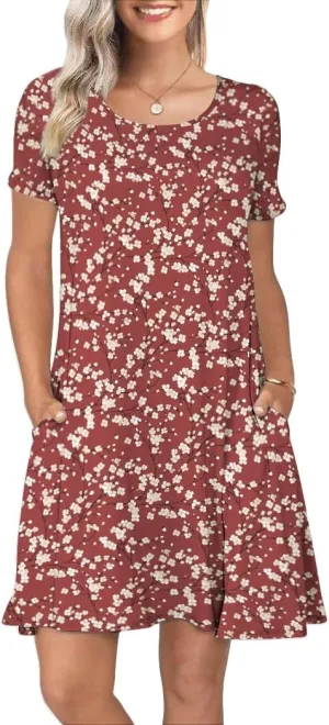 Women's Summer Casual Short Sleeve Crew Neck T Shirt Dresses Loose Swing with Pockets