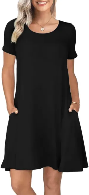 Women's Summer Casual Short Sleeve Crew Neck T Shirt Dresses Loose Swing with Pockets
