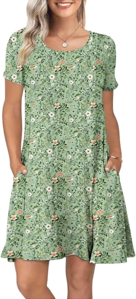 Women's Summer Casual Short Sleeve Crew Neck T Shirt Dresses Loose Swing with Pockets
