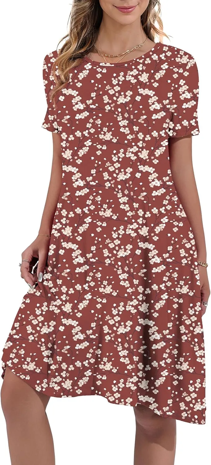Women's Summer Casual Short Sleeve Crew Neck T Shirt Dresses Loose Swing with Pockets