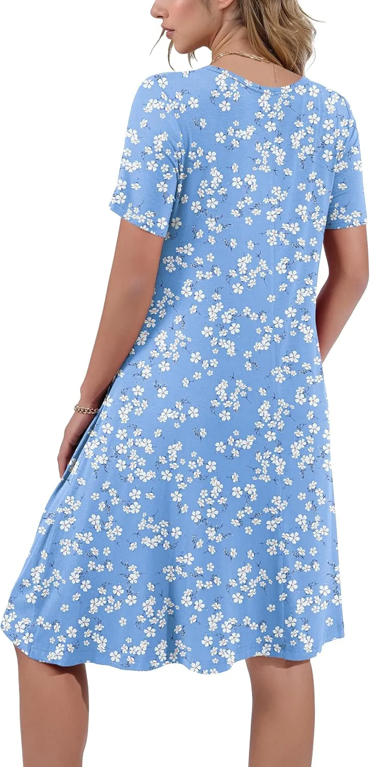 Women's Summer Casual Short Sleeve Crew Neck T Shirt Dresses Loose Swing with Pockets
