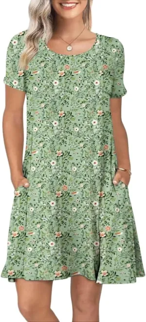 Women's Summer Casual Short Sleeve Crew Neck T Shirt Dresses Loose Swing with Pockets